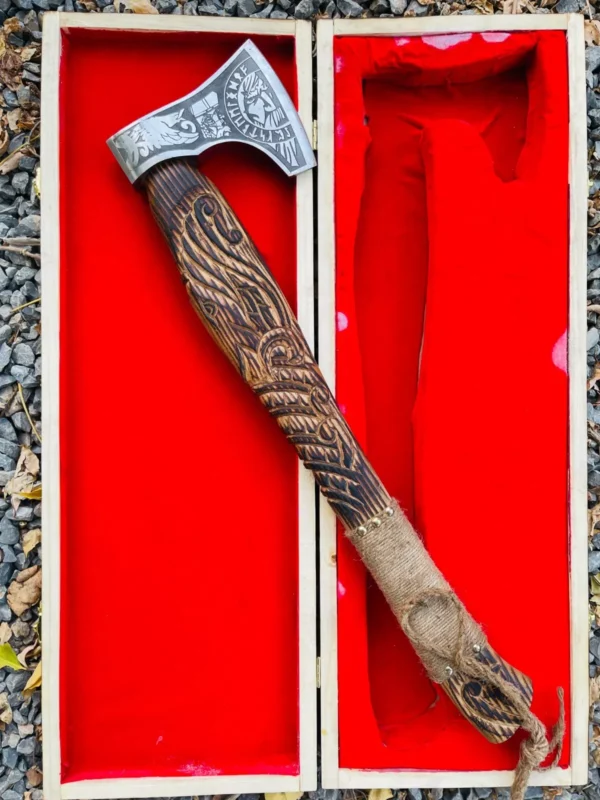 Custom Forged Carbon Steel Viking Axe with Wood Handle & Box Sheath - Image 2