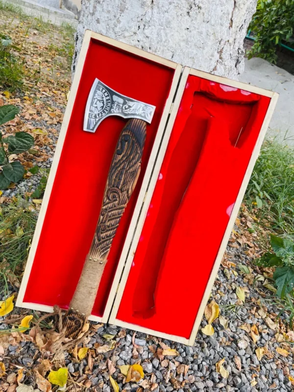 Custom Forged Carbon Steel Viking Axe with Wood Handle & Box Sheath - Image 3