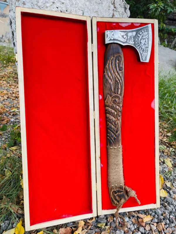 Custom Forged Carbon Steel Viking Axe with Wood Handle & Box Sheath - Image 4